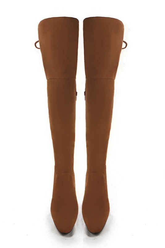 Caramel brown women's leather thigh-high boots. Round toe. Medium block heels. Made to measure. Top view - Florence KOOIJMAN